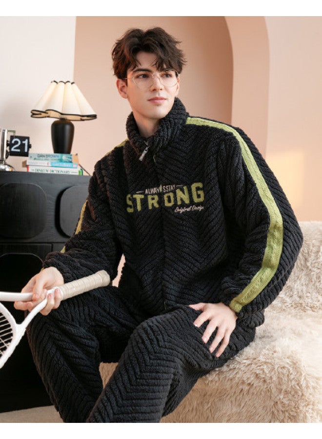 Fenton thickened Stand Collar Color-blocked Cardigan Homewear Men's Pajamas For Autumn/winter - Image 1