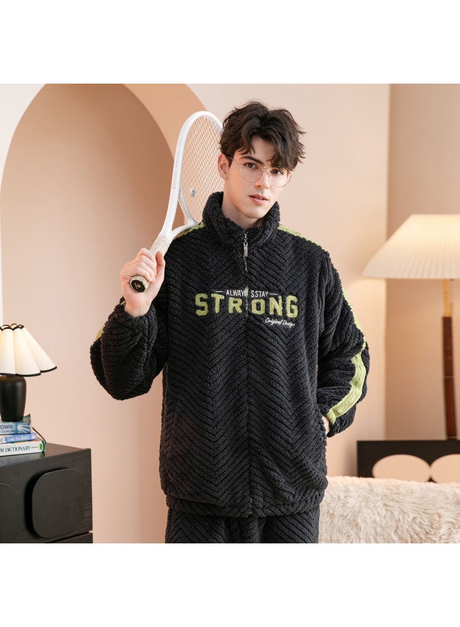 Fenton thickened Stand Collar Color-blocked Cardigan Homewear Men's Pajamas For Autumn/winter - Image 4