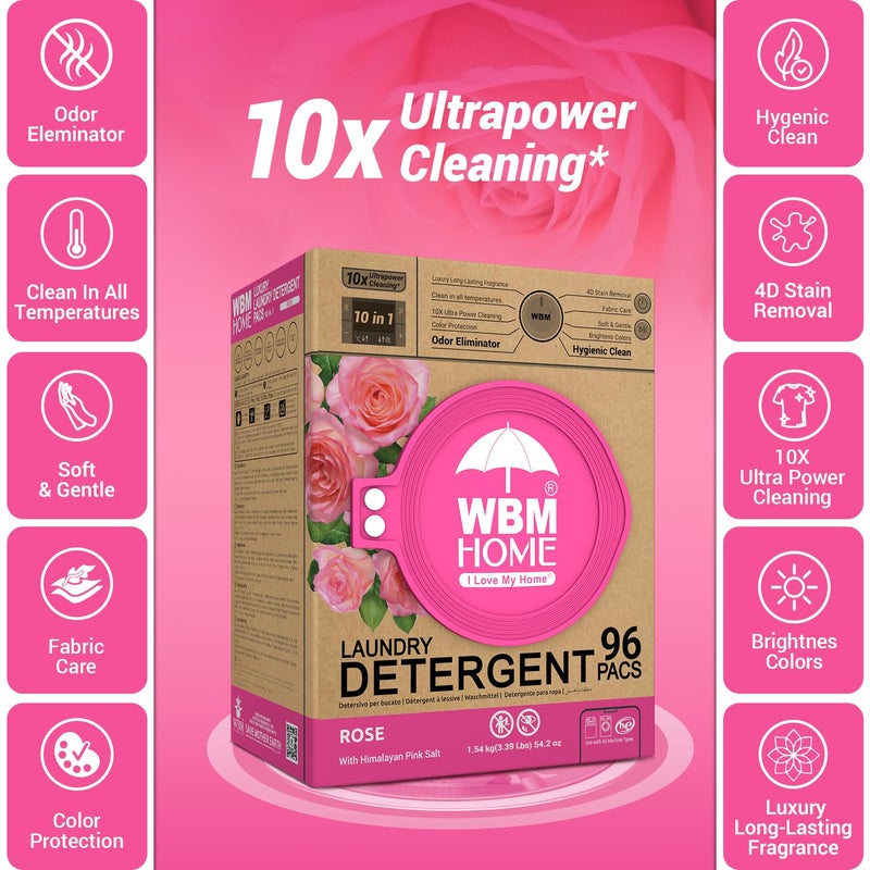 WBM Home 10-in-1 Laundry Pods, Total 96 Count, Ultra Concentrate with Powerful Stain Lifter Technology, Fabric Softener With Rose Extracts, Detergent Pods - Image 3