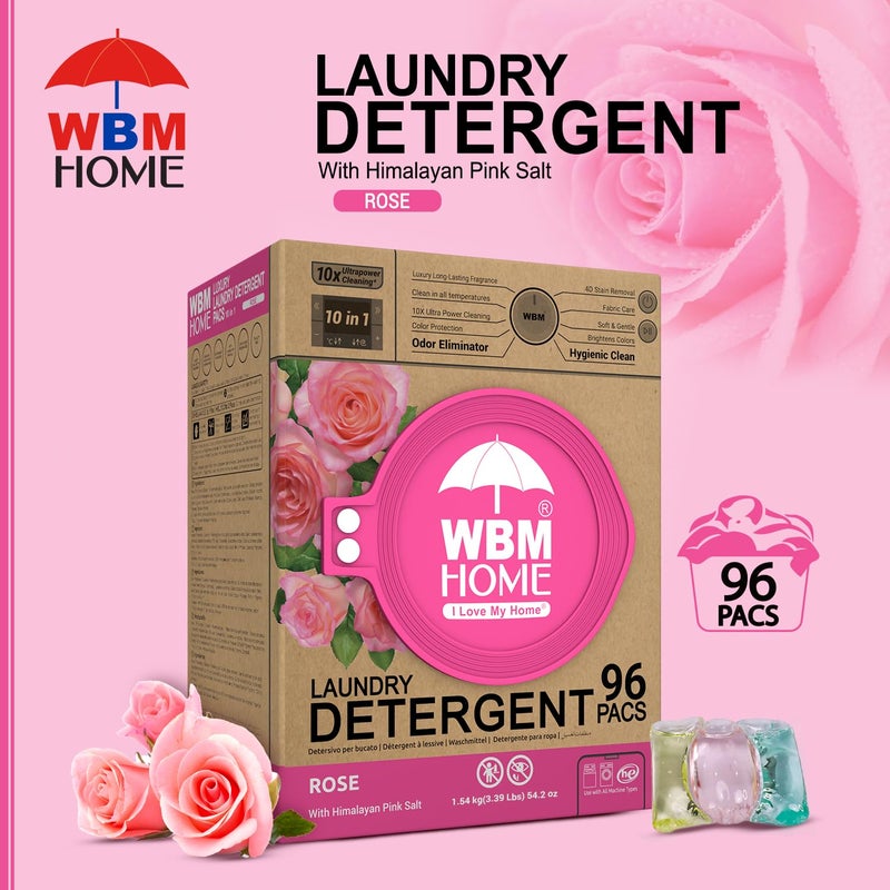 WBM Home 10-in-1 Laundry Pods, Total 96 Count, Ultra Concentrate with Powerful Stain Lifter Technology, Fabric Softener With Rose Extracts, Detergent Pods - Image 2