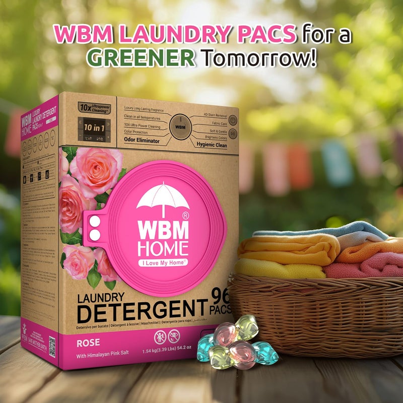 WBM Home 10-in-1 Laundry Pods, Total 96 Count, Ultra Concentrate with Powerful Stain Lifter Technology, Fabric Softener With Rose Extracts, Detergent Pods - Image 5