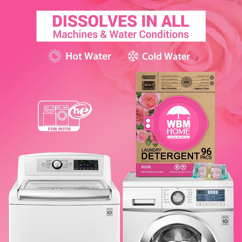 WBM Home 10-in-1 Laundry Pods, Total 96 Count, Ultra Concentrate with Powerful Stain Lifter Technology, Fabric Softener With Rose Extracts, Detergent Pods - Image 4