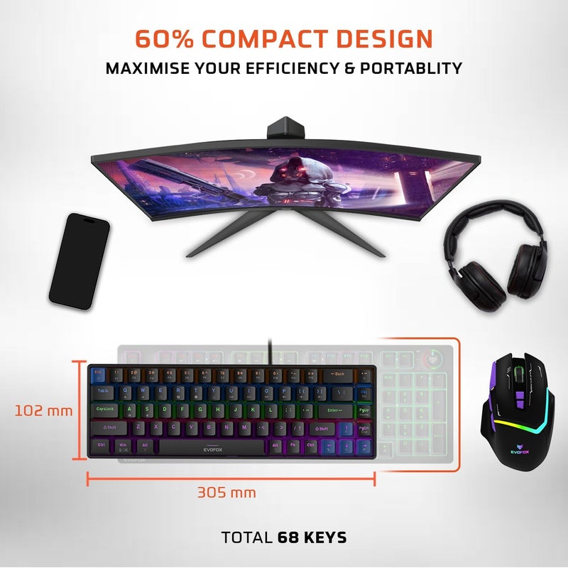 EvoFox Katana S Wired Mini Mechanical Keyboard | Silent Red Hot Swap Switches | 68 Key Compact Layout | Vivid Rainbow Backlight | 1000Hz Polling Rate - Image 4