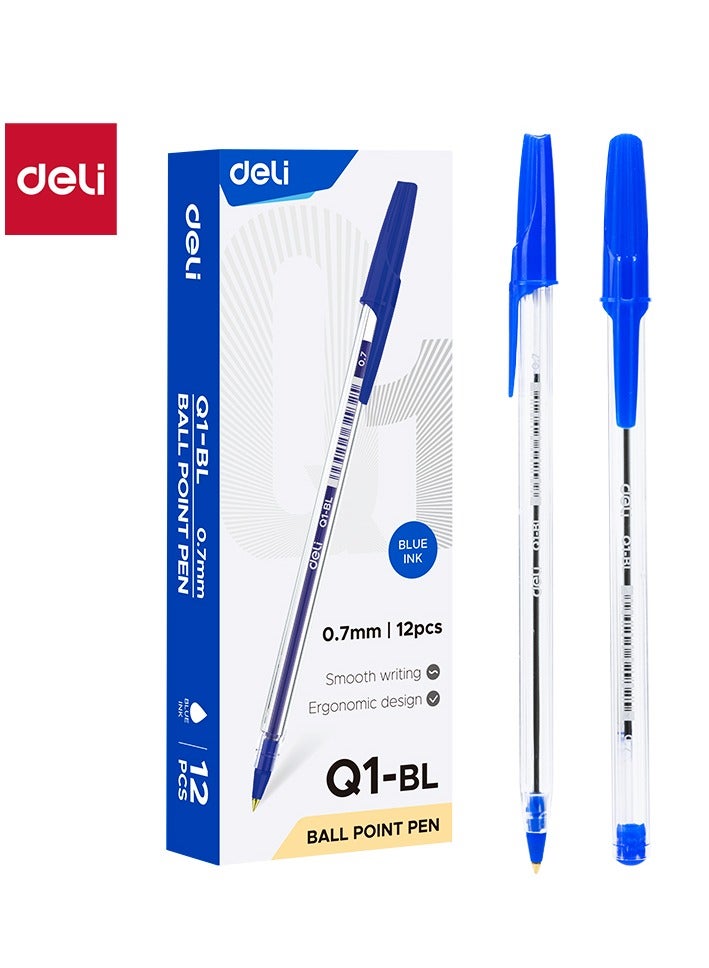 Deli EQ1-BL Ballpoint Pens, 0.7mm Fine Point, Blue Ink, Smooth Writing Office Pens, 12 Pack. - Image 1