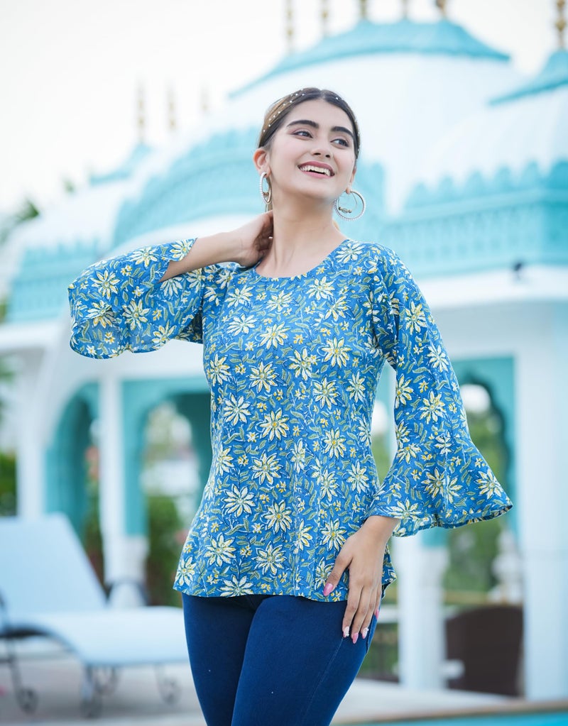 Yash Gallery Women's Rayon Floral Printed Regular Top (1584YKBLUE, M, Blue) - Image 3
