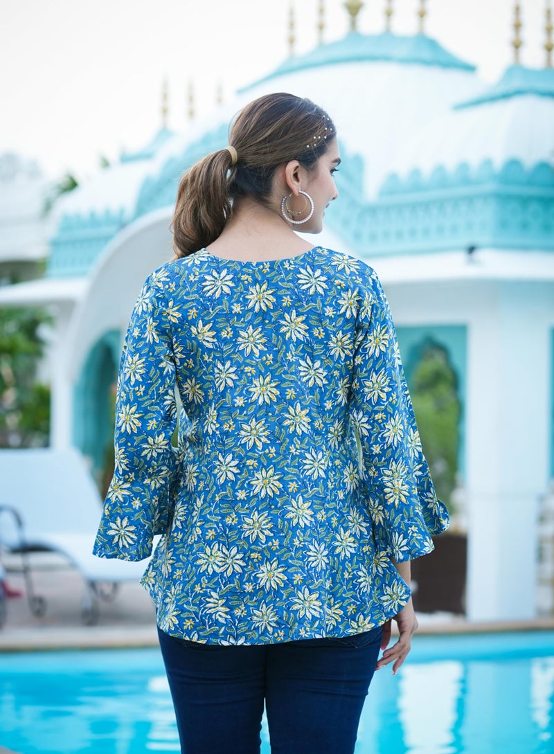 Yash Gallery Women's Rayon Floral Printed Regular Top (1584YKBLUE, M, Blue) - Image 4