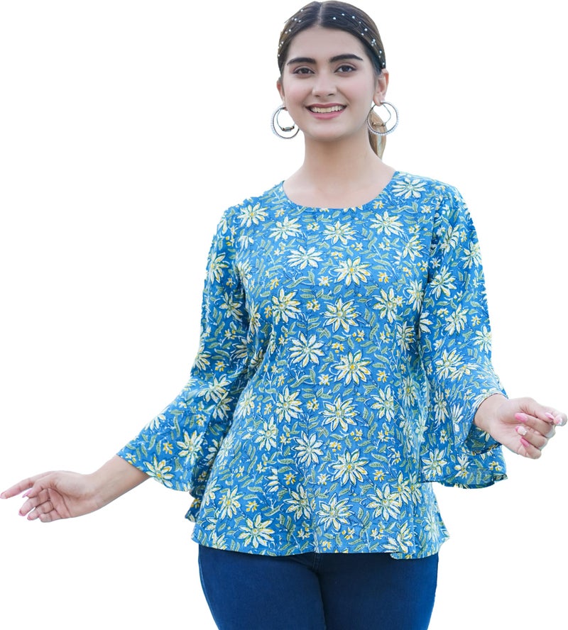 Yash Gallery Women's Rayon Floral Printed Regular Top (1584YKBLUE, M, Blue) - Image 1