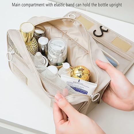 KHOLAD Travel Toiletry Bag Hanging Cosmetic Organizer – Waterproof Medium Makeup Bag for Women with Compartments & Hook | Portable Folding Kit for Travel, Bathroom, Gym (Beige) - Image 5