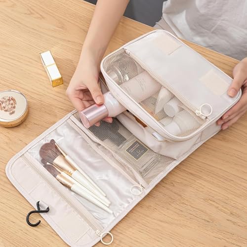 KHOLAD Travel Toiletry Bag Hanging Cosmetic Organizer – Waterproof Medium Makeup Bag for Women with Compartments & Hook | Portable Folding Kit for Travel, Bathroom, Gym (Beige) - Image 2