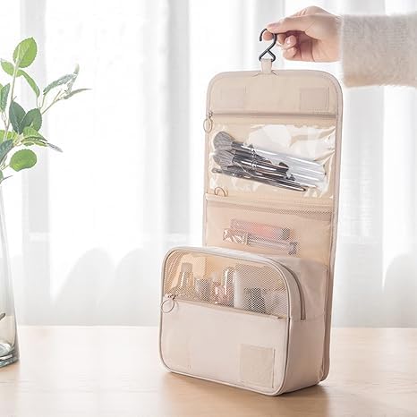 KHOLAD Travel Toiletry Bag Hanging Cosmetic Organizer – Waterproof Medium Makeup Bag for Women with Compartments & Hook | Portable Folding Kit for Travel, Bathroom, Gym (Beige) - Image 3