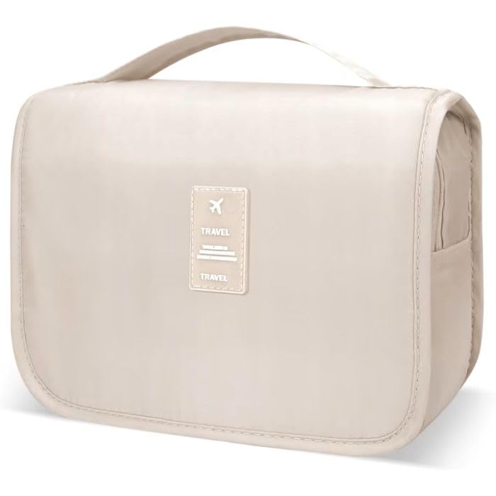 KHOLAD Travel Toiletry Bag Hanging Cosmetic Organizer – Waterproof Medium Makeup Bag for Women with Compartments & Hook | Portable Folding Kit for Travel, Bathroom, Gym (Beige) - Image 1