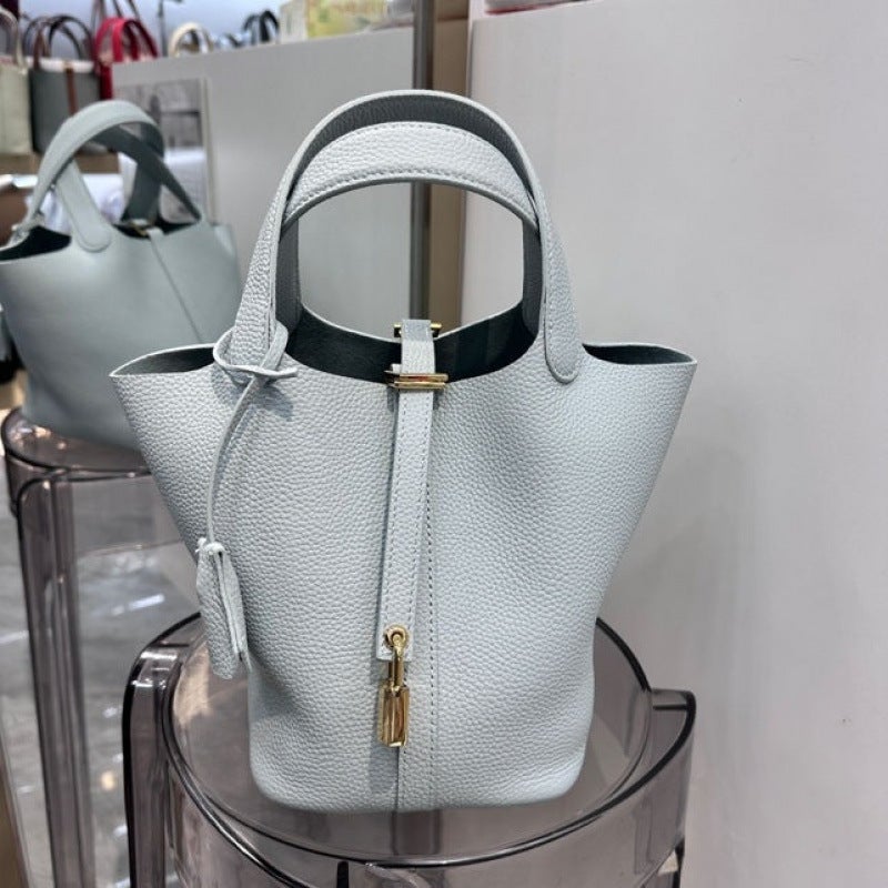 22-Size Gold Buckle Vegetable Basket Bag, Large High-End Large-Capacity Satchel Bucket Bag, First-Layer Cowhide Handbag For Women - Image 2