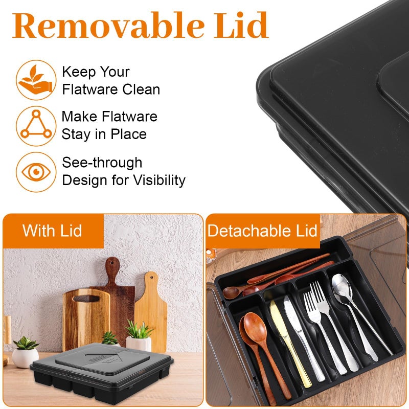 SYOSI Silverware Organizer with Lid, Plastic Cutlery and Flatware Storage Box for Spoons Forks Knives Holder Case, Covered Utensil Tray for Kitchen Drawer and Countertop, 5 Compartments, Black(12 x 12 in) - Image 2