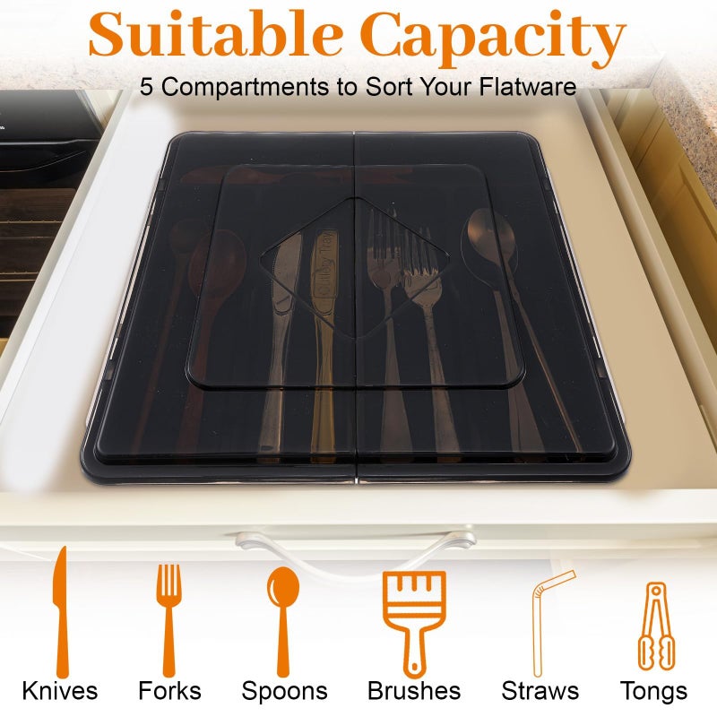 SYOSI Silverware Organizer with Lid, Plastic Cutlery and Flatware Storage Box for Spoons Forks Knives Holder Case, Covered Utensil Tray for Kitchen Drawer and Countertop, 5 Compartments, Black(12 x 12 in) - Image 3