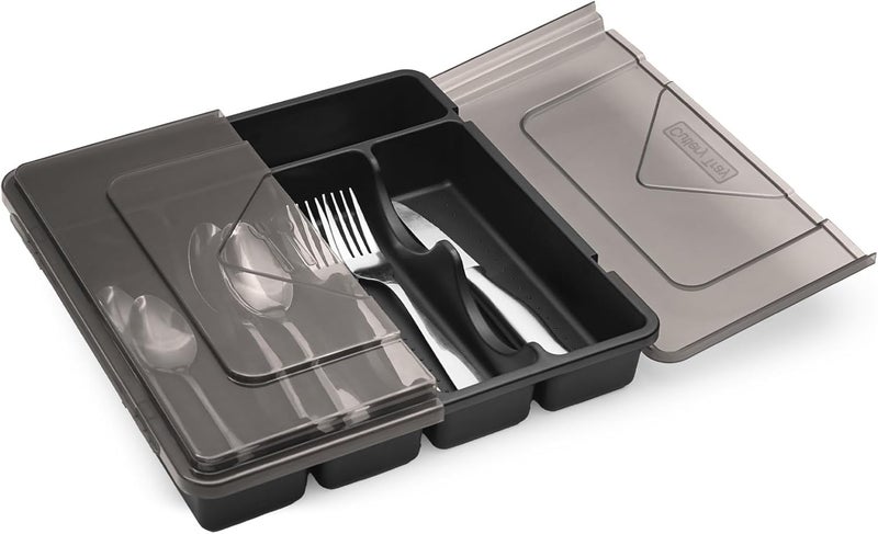 SYOSI Silverware Organizer with Lid, Plastic Cutlery and Flatware Storage Box for Spoons Forks Knives Holder Case, Covered Utensil Tray for Kitchen Drawer and Countertop, 5 Compartments, Black(12 x 12 in) - Image 1