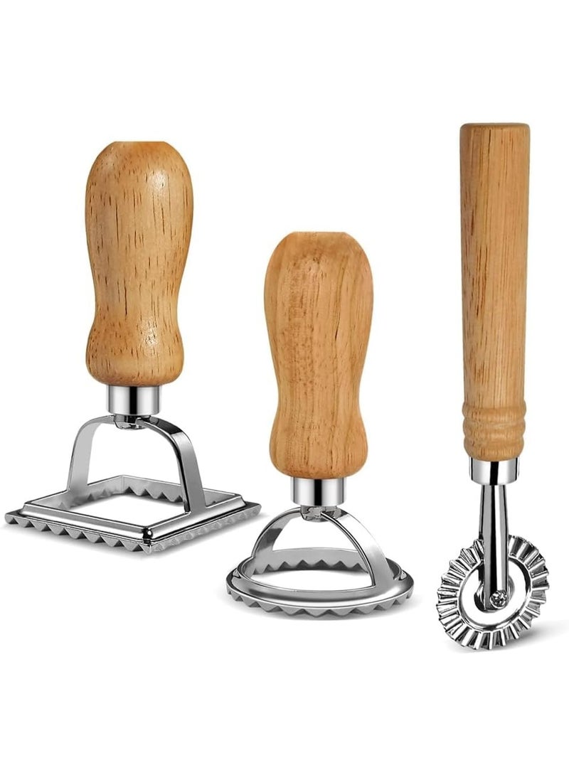 Ravioli Maker Stamp Cutter with Roller Wheel Set, Pasta Maker Mold with Wooden Handle and Fluted Edge for Ravioli, Pasta, Dumplings Lasagna, Pierogi (Set of 3) - Image 1