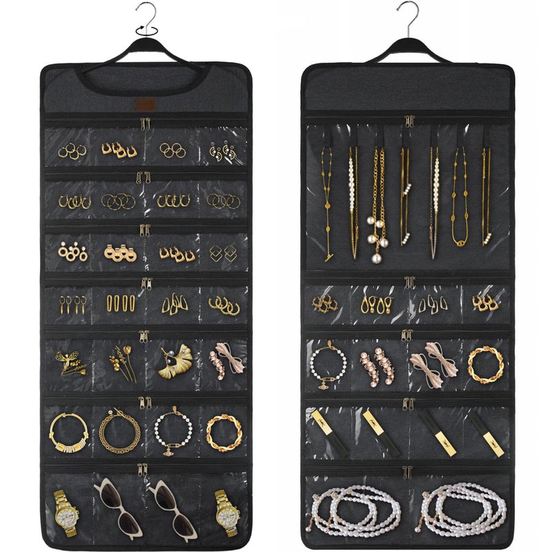 SMRITI Hanging Jewelry Organizer with Dual Zippered Pockets Canvas Double Sided Rotating Hanger Necklace Hanging Wall Organizer Earring Dustproof Holder Wall Mount Accessories Display Bag(Dark Grey) - Image 1