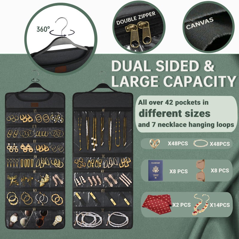 SMRITI Hanging Jewelry Organizer with Dual Zippered Pockets Canvas Double Sided Rotating Hanger Necklace Hanging Wall Organizer Earring Dustproof Holder Wall Mount Accessories Display Bag(Dark Grey) - Image 4
