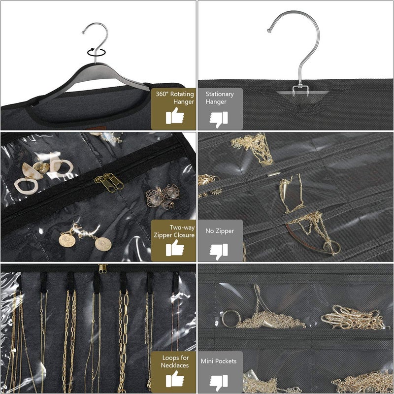 SMRITI Hanging Jewelry Organizer with Dual Zippered Pockets Canvas Double Sided Rotating Hanger Necklace Hanging Wall Organizer Earring Dustproof Holder Wall Mount Accessories Display Bag(Dark Grey) - Image 3