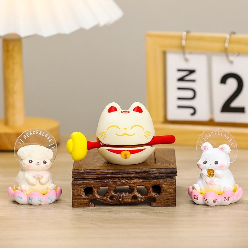Cute Emotion Lotus Figurine Desk Decor Harmony, wealth, wealth, wealth, small wooden fish [white cat]] 