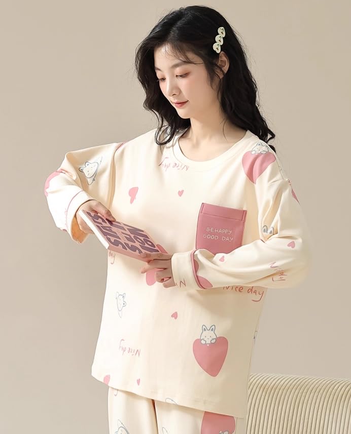 Celary Korean Style Women’s Night Suit|| Cute Printed Pajama Set with Long Sleeve Top & Pants|| Soft Cotton Loungewear - Image 3