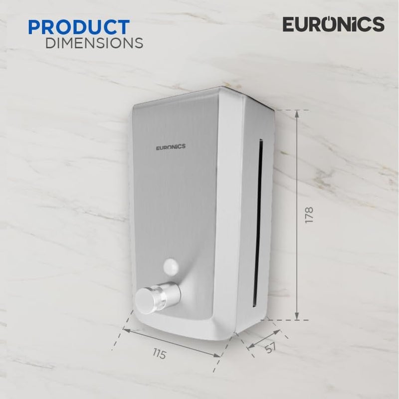 Euronics ES04 Manual Soap Dispenser | 1000ml Wall-Mounted Liquid Soap Dispenser | 304 Stainless Steel Body | Brass Pump Valve & SS Spring | Durable Manual Press for Commercial Washrooms - Image 3
