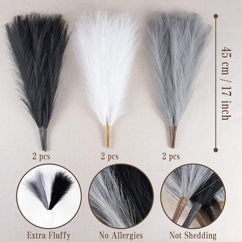 EVODIS Faux Pampas Grass Decor, 18"/45cm Artificial Pampas Grass Fluffy 6 Stem pompous Flower Arrangement for Boho Home Wedding Decoration (Black,White,Grey) - Image 3