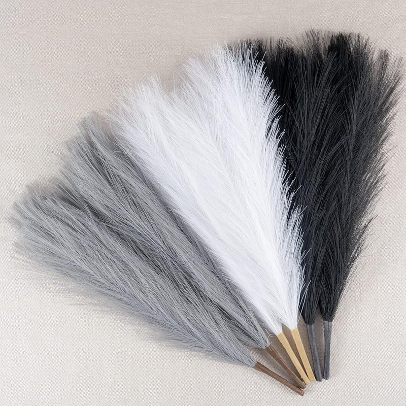EVODIS Faux Pampas Grass Decor, 18"/45cm Artificial Pampas Grass Fluffy 6 Stem pompous Flower Arrangement for Boho Home Wedding Decoration (Black,White,Grey) - Image 1