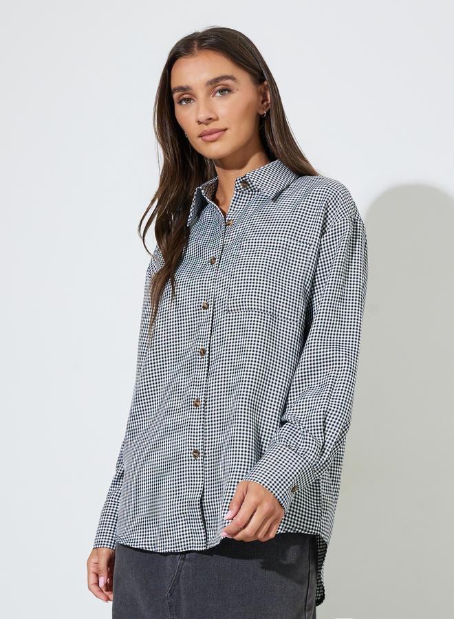 Styli Black Checked Long Sleeves Pocket Detail Oversized Shirt - Image 1