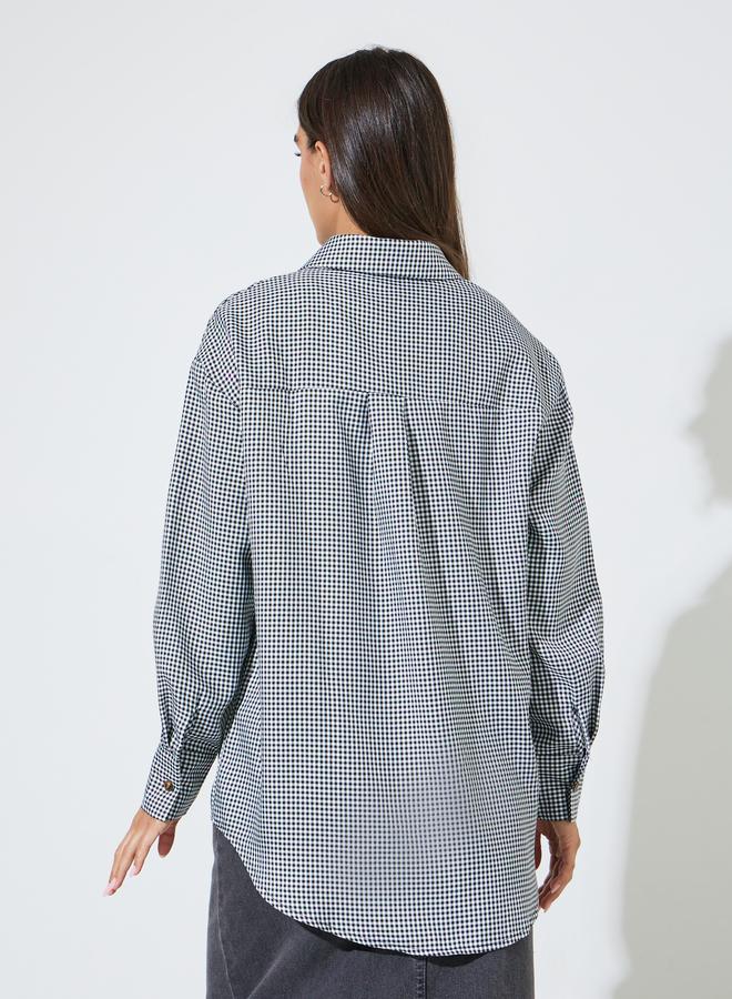 Styli Black Checked Long Sleeves Pocket Detail Oversized Shirt - Image 4
