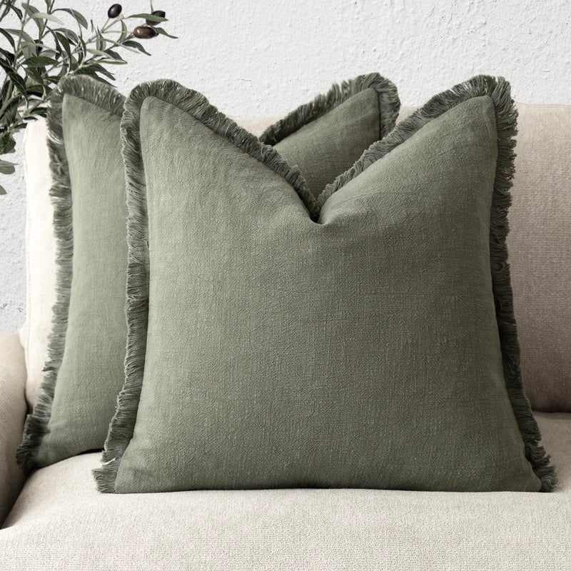 Foindtower Set of 2 Decorative Linen Fringe Throw Pillow Covers Cozy Farmhouse Boho Cushion Cover with Tassels Soft Accent Pillowcase for Couch Sofa Bed Living Room Home Decor 2020 Inch Olive Green