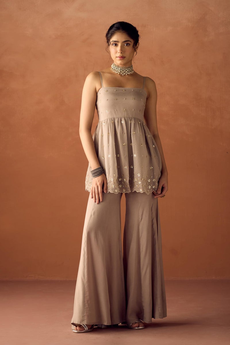 FIORRA Women Grey Crush Organza Hand Work A-Line Kurta Set with Dupatta SET0227 - Image 5