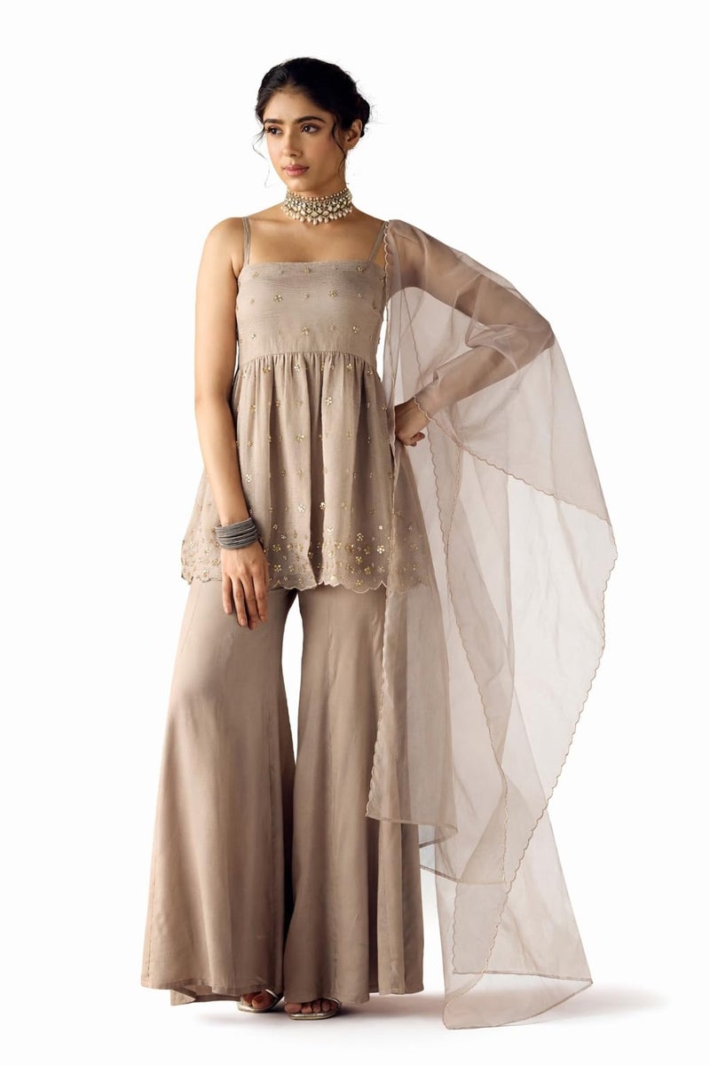 FIORRA Women Grey Crush Organza Hand Work A-Line Kurta Set with Dupatta SET0227 - Image 1