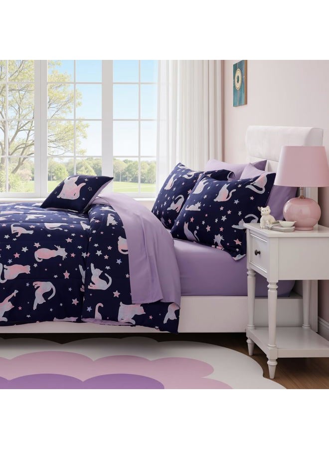 Kaleido Space Twin Kids Comforter Set - 5 Pieces Twin Bedding Sets for Boys Girls Teen, Glow in The Dark Cute Cat Bed in A Bag with Sheets - Image 4
