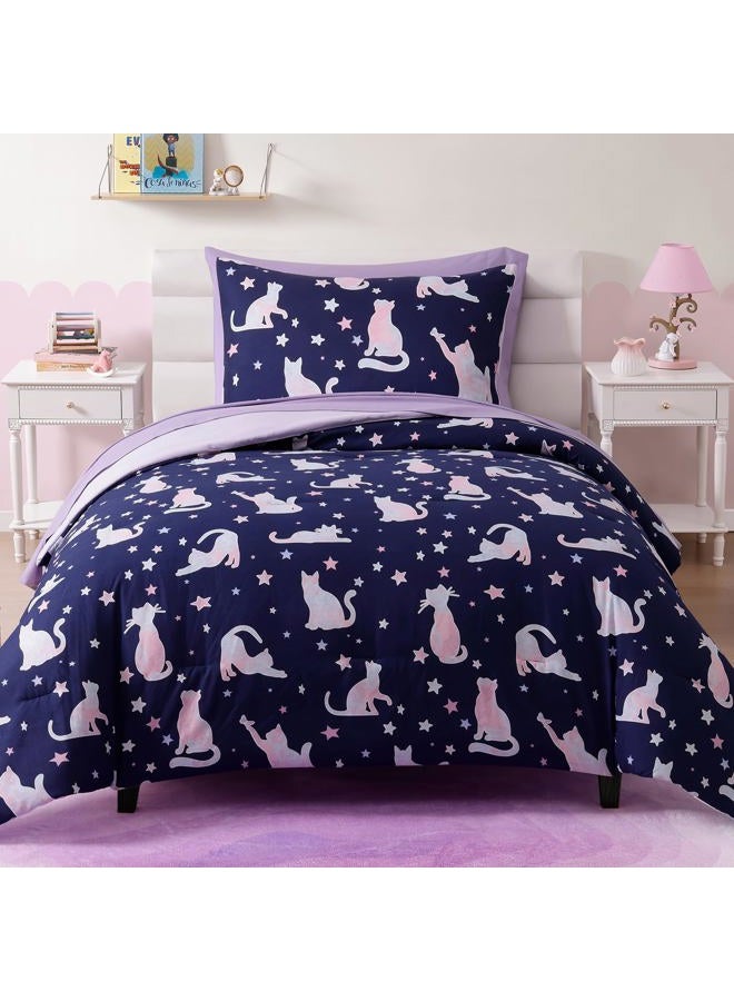 Kaleido Space Twin Kids Comforter Set - 5 Pieces Twin Bedding Sets for Boys Girls Teen, Glow in The Dark Cute Cat Bed in A Bag with Sheets - Image 1