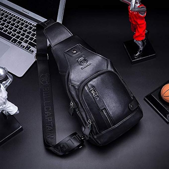BULLCAPTAIN Leather Sling Bag Mens Chest Bag Casual Shoulder Crossbody Bag Travel Backpacks Daypack with USB Charging Port - Image 4