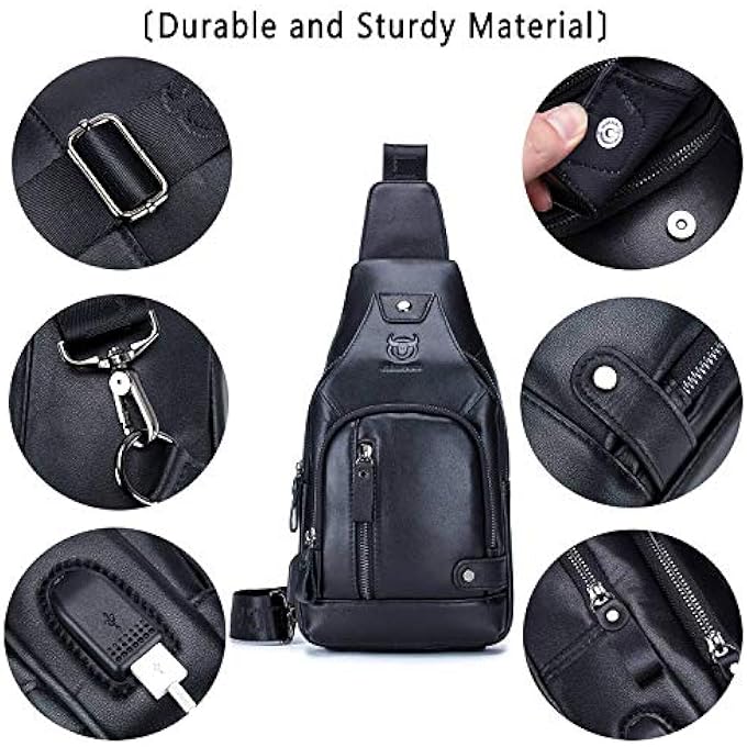 BULLCAPTAIN Leather Sling Bag Mens Chest Bag Casual Shoulder Crossbody Bag Travel Backpacks Daypack with USB Charging Port - Image 3