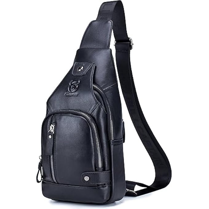 BULLCAPTAIN Leather Sling Bag Mens Chest Bag Casual Shoulder Crossbody Bag Travel Backpacks Daypack with USB Charging Port - Image 1