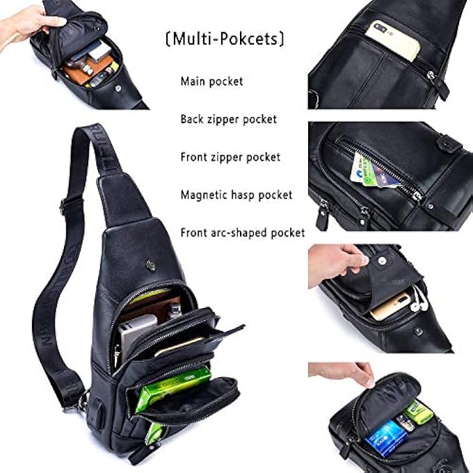 BULLCAPTAIN Leather Sling Bag Mens Chest Bag Casual Shoulder Crossbody Bag Travel Backpacks Daypack with USB Charging Port - Image 2