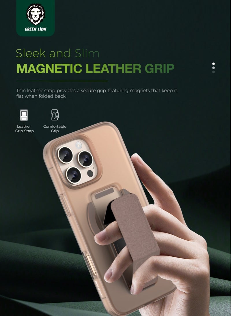 GREEN LION iPhone 16 Pro MagSafe Case Grip 360 Cover / Leather Grip Strap / Camera Protection / Foldable Stand / Scratch Resistant / Durable Back Cover - Desert - Image 3