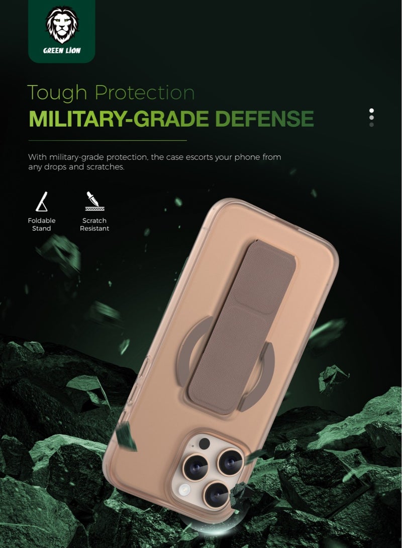 GREEN LION iPhone 16 Pro MagSafe Case Grip 360 Cover / Leather Grip Strap / Camera Protection / Foldable Stand / Scratch Resistant / Durable Back Cover - Desert - Image 2