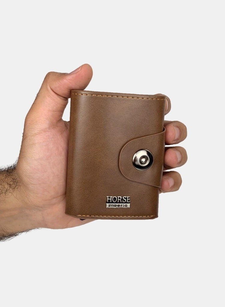 Horse Imperial Leather Card Holder - Small Pocket-Sized Design with Button Closure - Havana