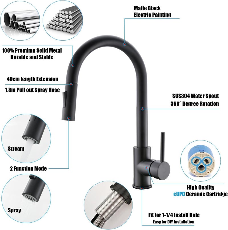 havin Black Kitchen Faucet with Pull Down Sprayer, High Arc Stainless Steel Material, with cUPC Ceramic Cartridge,Without Deck Plate,Fit for 1 Kitchen or Laundry or Bar Sink Faucet,Matte Black - Image 4