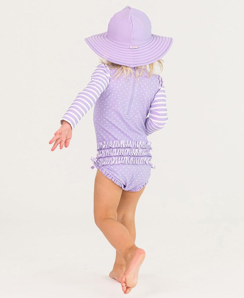 RuffleButts Baby Girls UPF 50+ Sun Protection Polka Dot Long Sleeve One Piece Rash Guard Swimsuit with Zipper - Lavender Heart Polka, 6-12m - Image 4