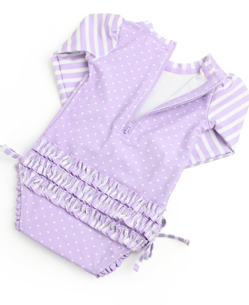 RuffleButts Baby Girls UPF 50+ Sun Protection Polka Dot Long Sleeve One Piece Rash Guard Swimsuit with Zipper - Lavender Heart Polka, 6-12m - Image 5