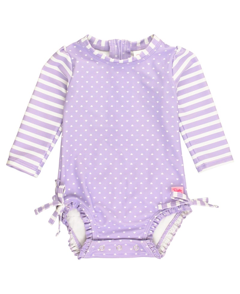 RuffleButts Baby Girls UPF 50+ Sun Protection Polka Dot Long Sleeve One Piece Rash Guard Swimsuit with Zipper - Lavender Heart Polka, 6-12m - Image 1