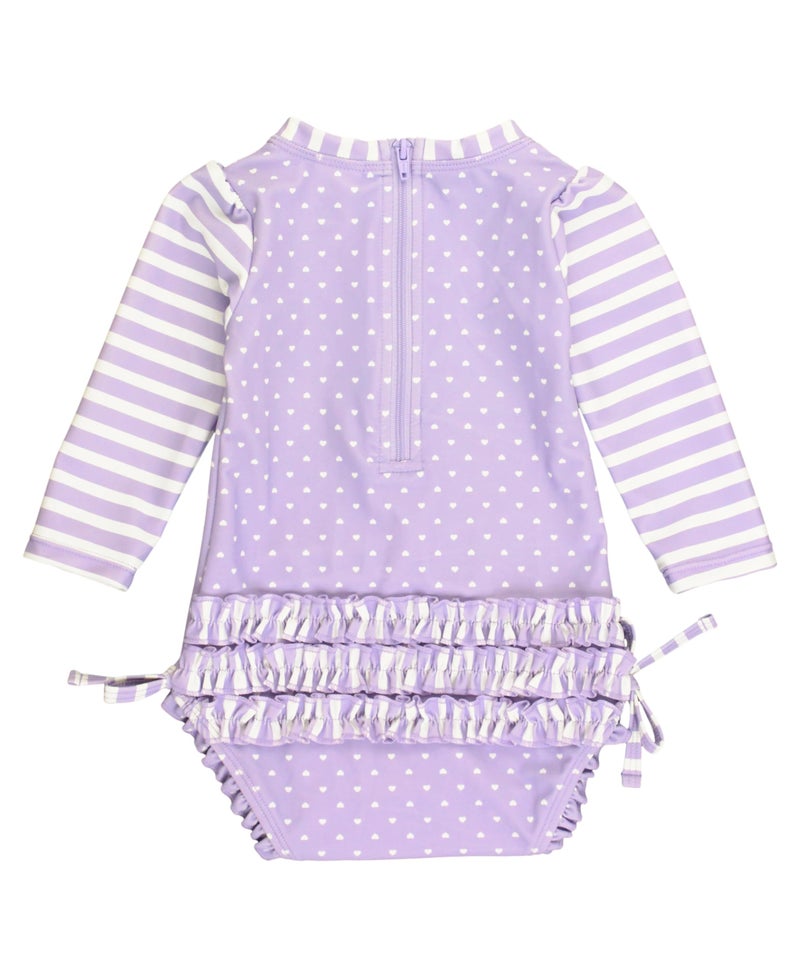 RuffleButts Baby Girls UPF 50+ Sun Protection Polka Dot Long Sleeve One Piece Rash Guard Swimsuit with Zipper - Lavender Heart Polka, 6-12m - Image 3