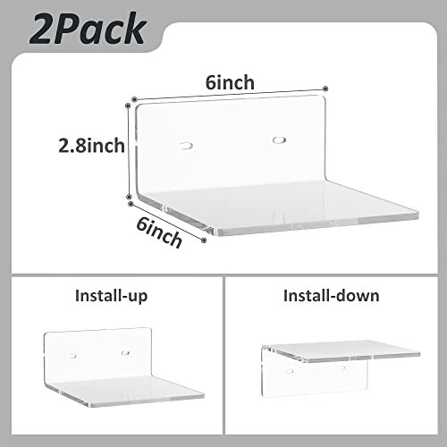 Sezanrpt 6 Inches Acrylic Small Wall Shelves 2 Pack, Floating Shelf for Wall Mounting, Acrylic Display Ledges for Funko Pop Figures, Home Décor, Living Room, Gaming Room, Plants(6 inch, Clear) - Image 2