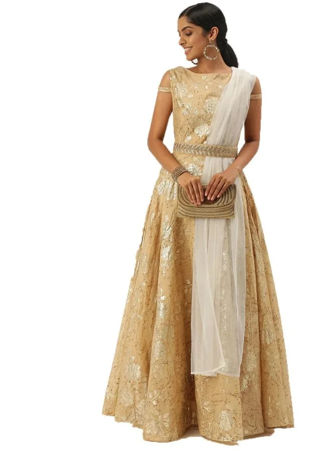 زيري سوق Beige Printed Boat Neck Floor Length Gown