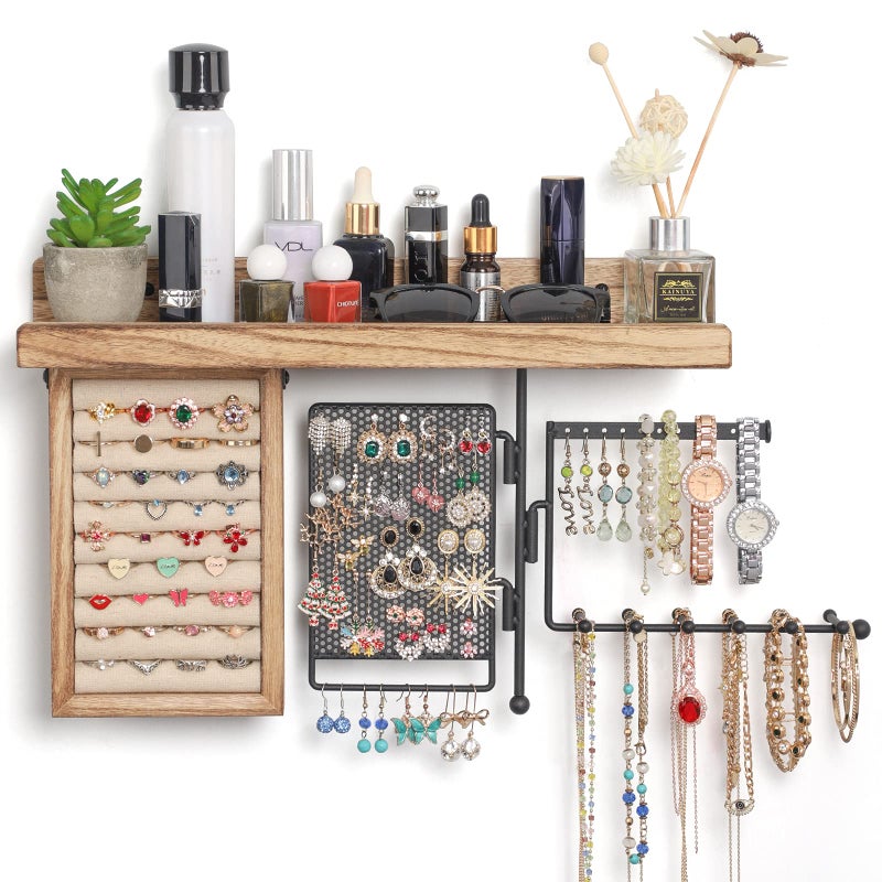 SOLIMINTR Hanging Jewelry Organizer Wall Mount with Rustic Wood Shelf, Ring Display Box, Ear Studs Earring Holder, Rotating Necklace Holder Organizer - Image 1